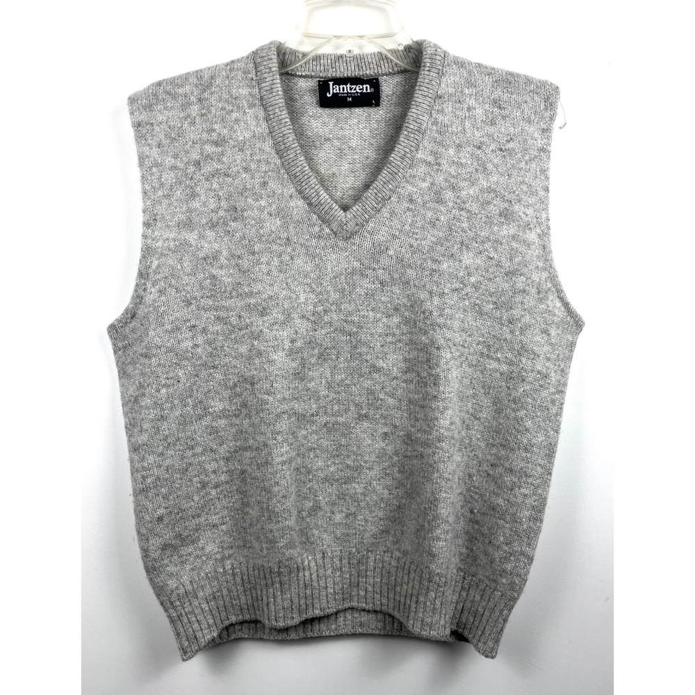 Vintage Jantzen USA Sweater Vest Mens M Gray V Neck Knit Made In USA